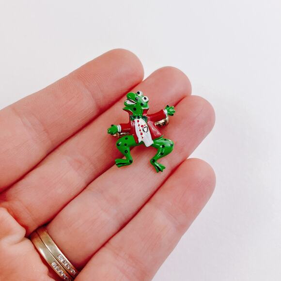 Vintage 70s 80s Enamel Frog Brooch Tuxedo Figural Pin Whimsical Korea Animal - Picture 4 of 9